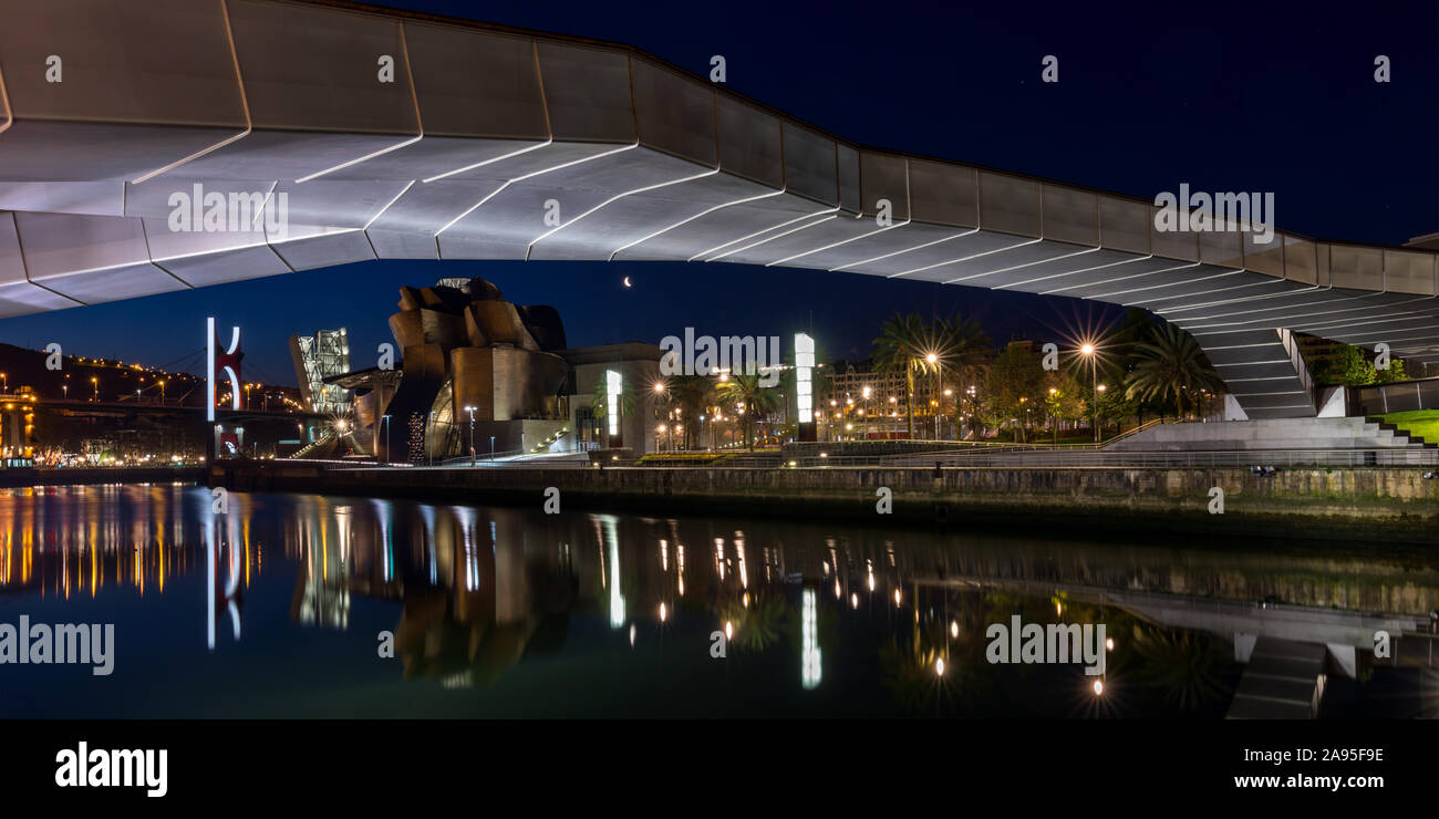Vista di notte attraverso il fiume Nervion verso l'illuminata Museo Guggenheim. Preso dal di sotto della Pasarela Pedro Arrupe bridge, Bilbao, Spagna Foto Stock