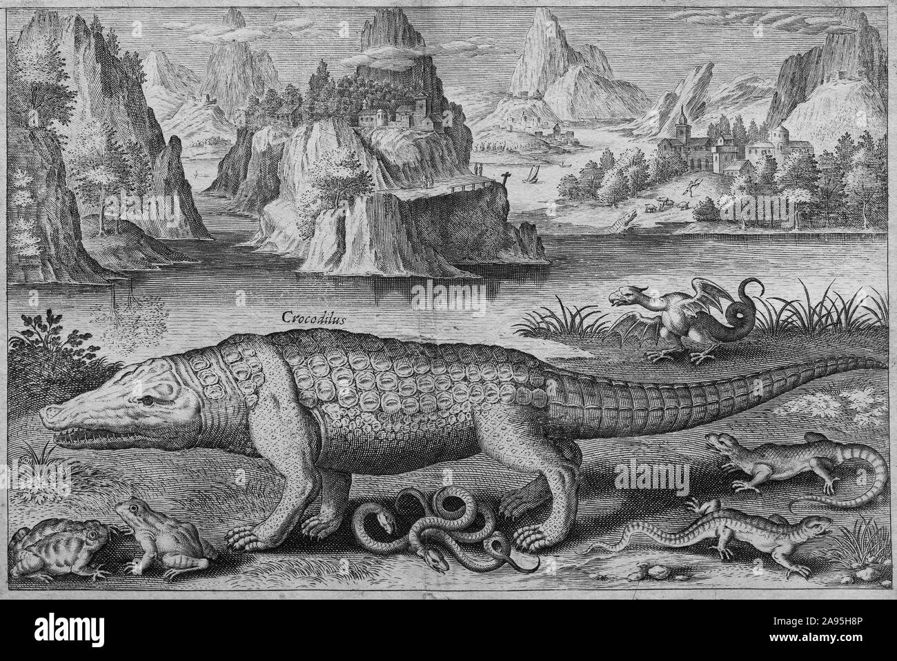 Crocodile (Crocodylia), incisione su rame da Adriaen Collaert dopo Justus Sadeler da Piscium Vivat Icones, c. 1600, Venezia, Italia Foto Stock
