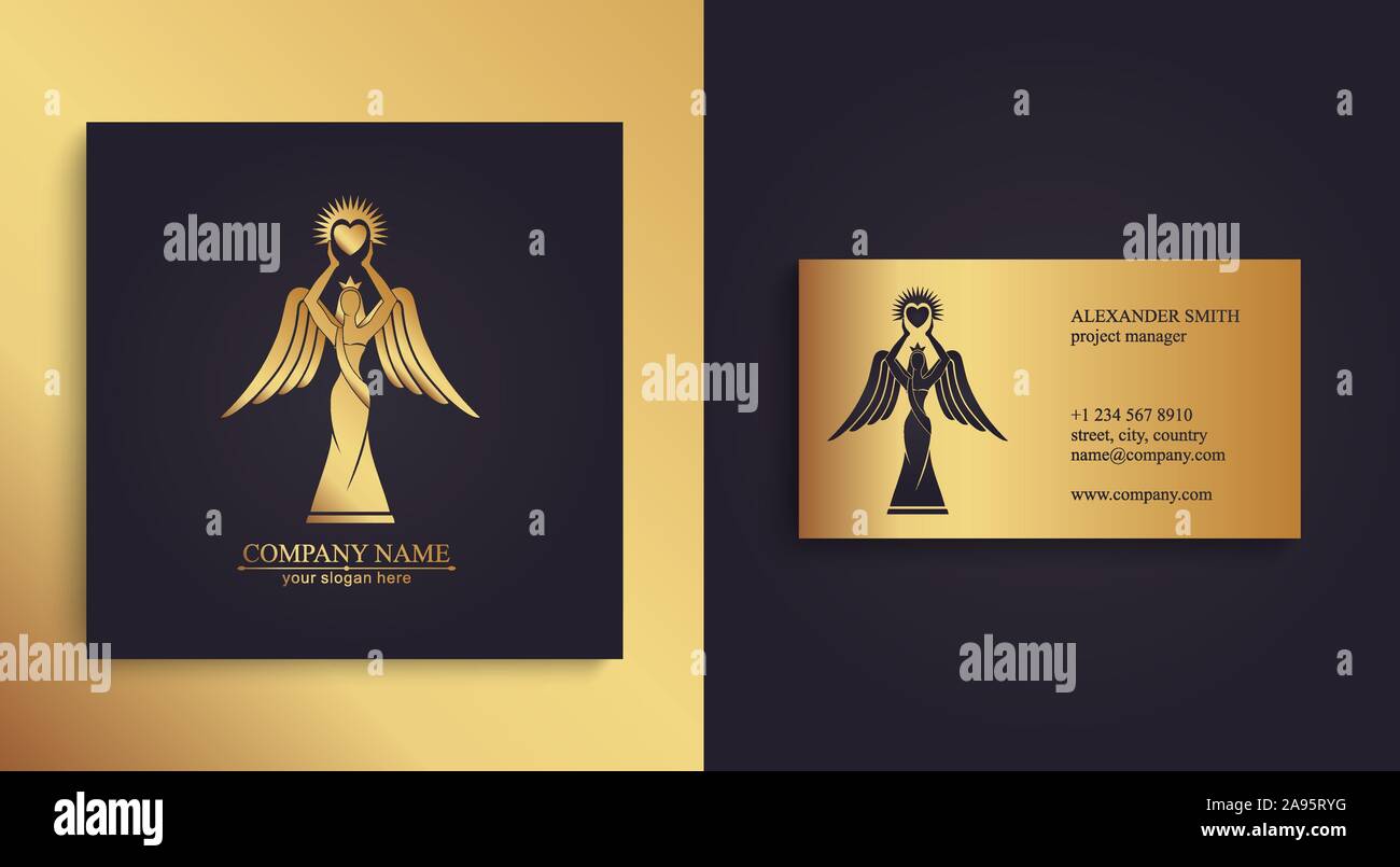 Il logo di una donna con ali tenendo un cuore nelle mani con raggi. La gentilezza e la misericordia. Figurina per la presentazione, il modello di un concorso di bellezza. Illustrazione Vettoriale