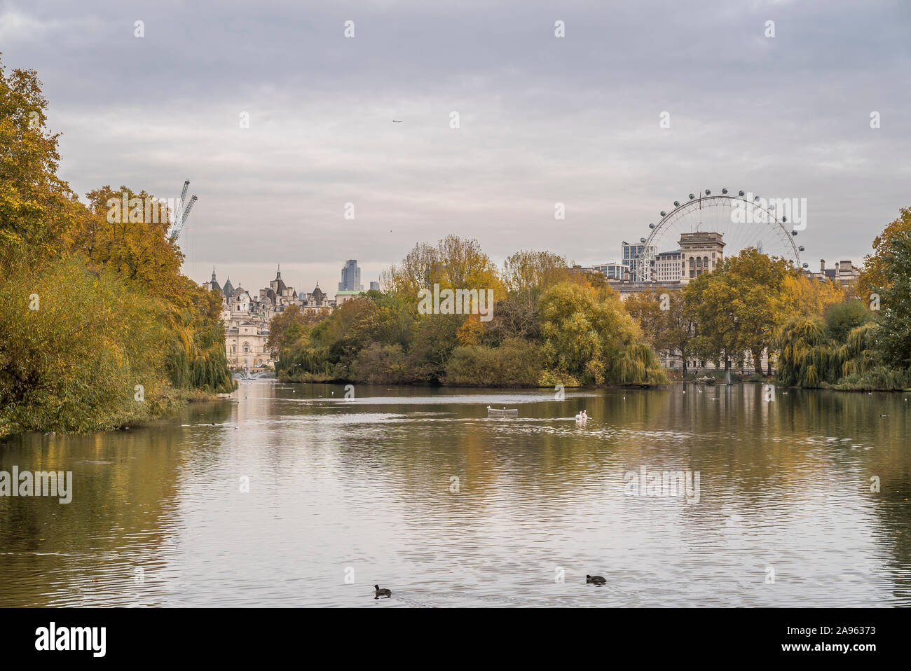 Autunno vista da St James Park, Londra, Regno Unito, con popolare attrazione turistica per il London Eye in background. Foto Stock