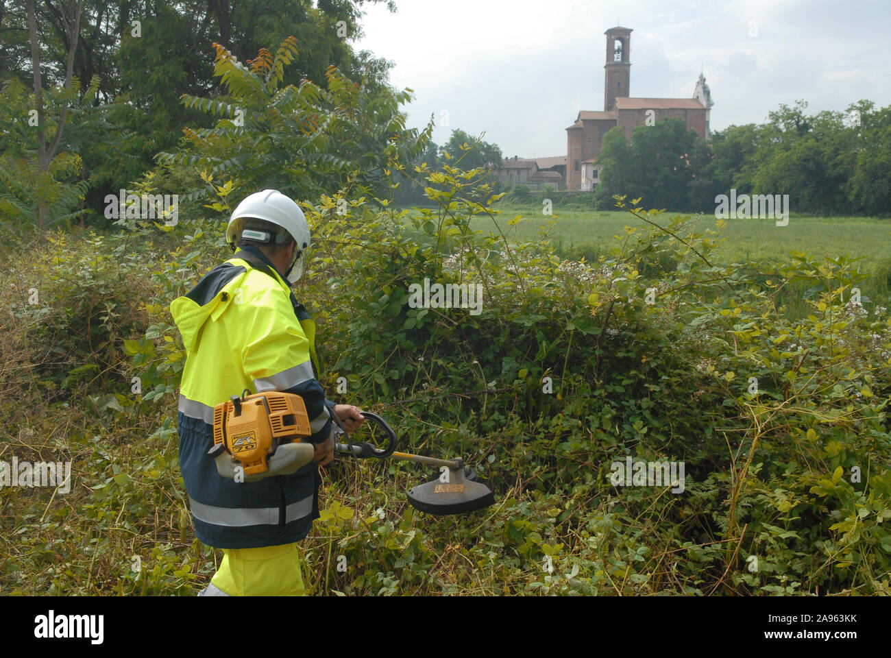 L'Italia, i volontari della Protezione Civile di alcuni comuni a sud di Milano pulire le rive del fiume Lambro per evitare danni in caso di alluvione Foto Stock