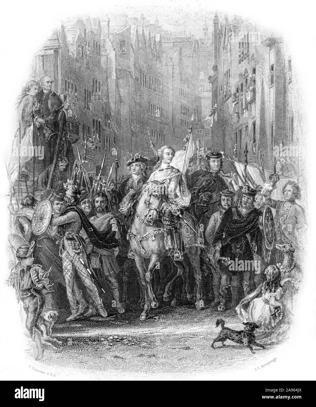 Una incisione del Principe Charles Edward Stuart (Bonnie Prince Charlie) e Montanari entrando in Edimburgo dopo la battaglia di Preston tegami (1745) . Foto Stock