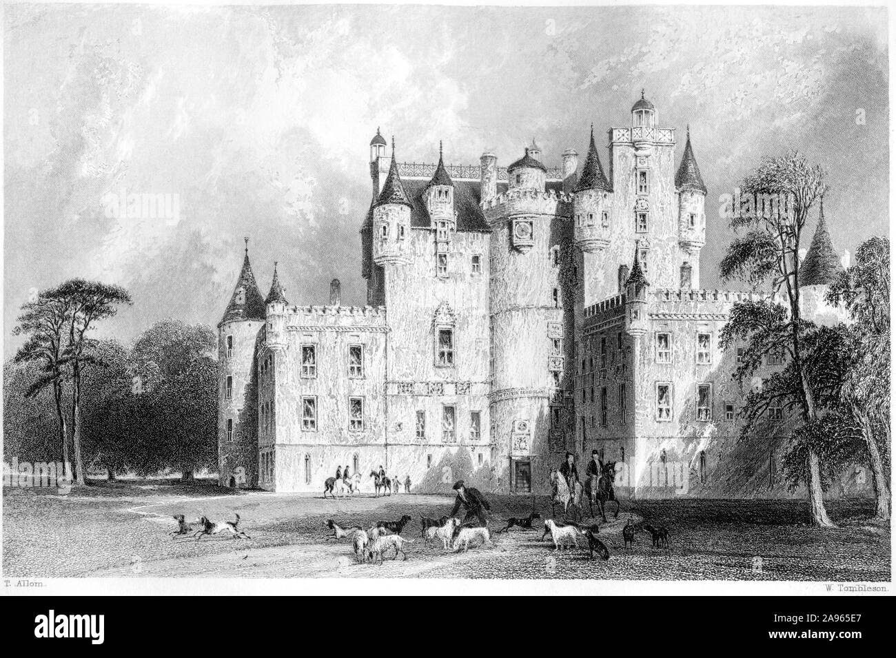 Un'incisione di Glammis (Glamis) Castle, Forfarshire, Scozia, Regno Unito scansionata ad alta risoluzione da un libro stampato nel 1859. Ritenuto privo di copyright. Foto Stock