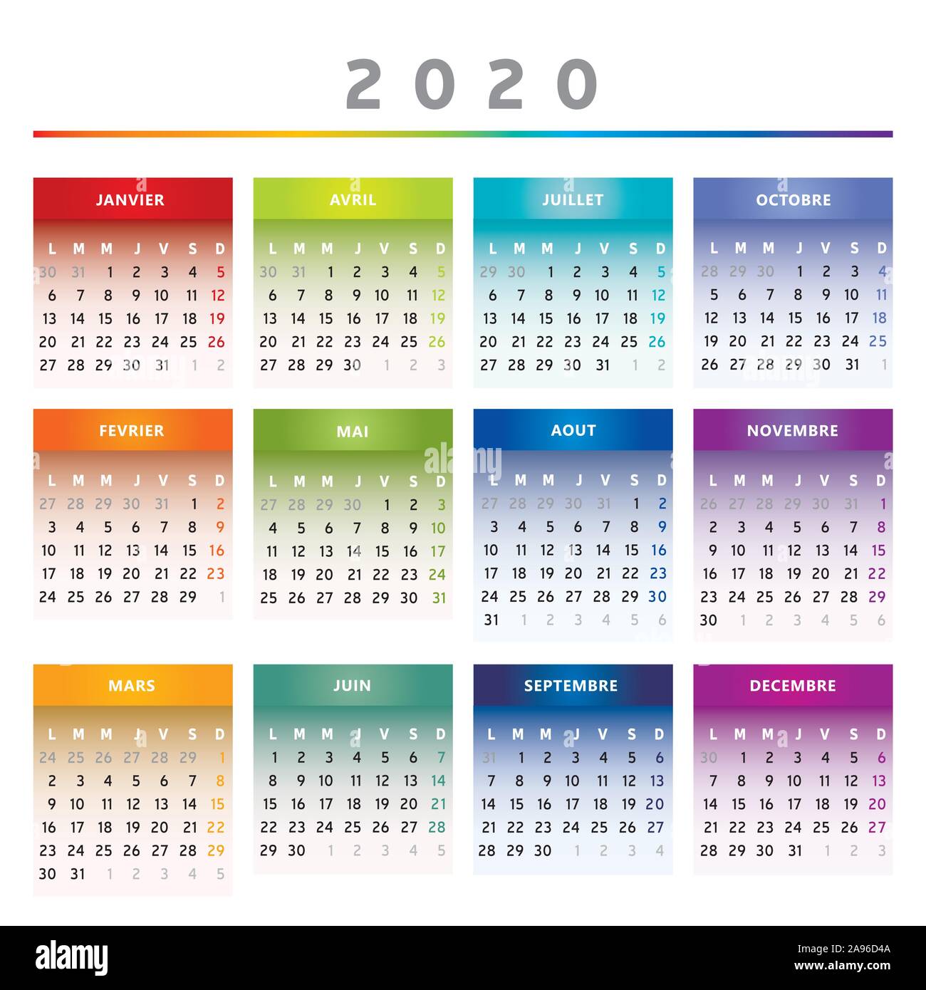 Calendario 2020 - Lingua Francese - Scatole multicolore - arcobaleno di colori - 4 colonne Illustrazione Vettoriale