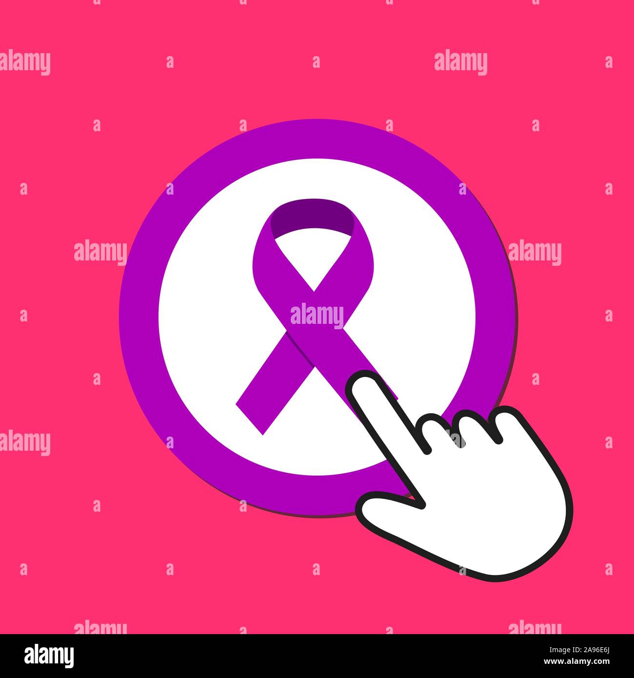 Nastro viola icona. Cancer survivor concetto. Mano cursore del mouse fa clic sul pulsante . Puntatore Premere Push Illustrazione Vettoriale
