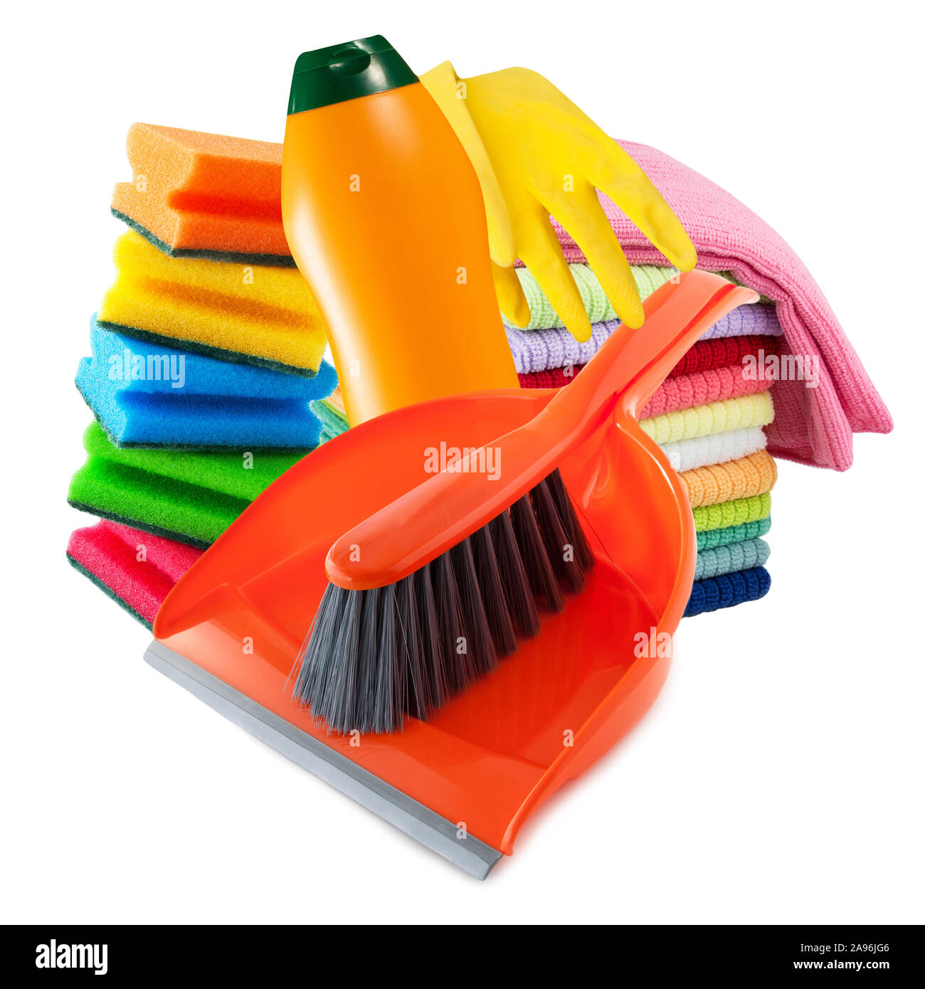 I prodotti di pulizia per la casa contro uno sfondo bianco Foto Stock