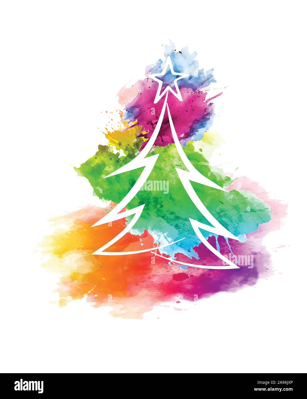 Acquerello albero di Natale decorato con decorazione a stella inverno pino colorato su sfondo bianco / Buon Natale e un felice anno nuovo , vettore Foto Stock