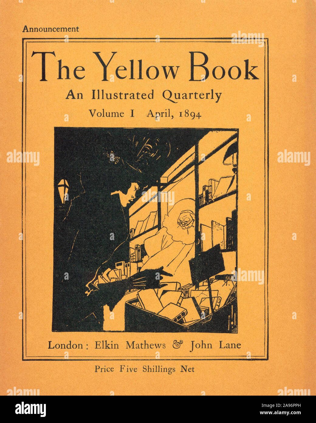 Un annuncio pubblicitario per il volume I del Libro Giallo, che è stato pubblicato il 15 aprile 1894. La rivista, un trimestrale illustrato, in primo piano le opere di artisti contemporanei e scrittori, e ha cessato la pubblicazione nel 1897. Aubrey Beardsley, chi ha progettato questo annuncio, è stata rivista la prima arte editor. Foto Stock