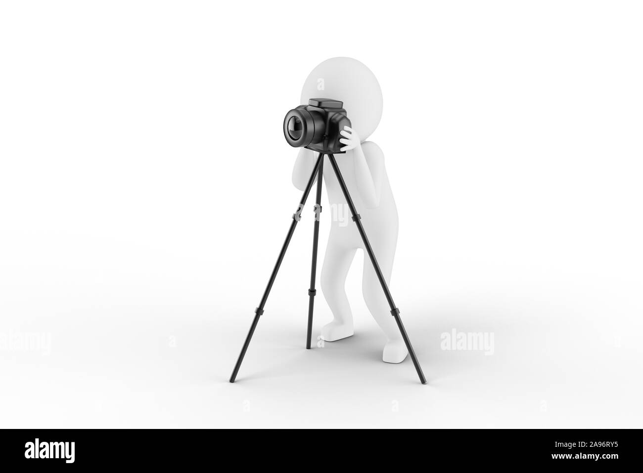 3D'uomo è di scattare foto con una fotocamera mentre è collegato a un treppiede contro uno sfondo bianco. Alta qualità 3D render. Facile da raccolto per il vostro desi Foto Stock