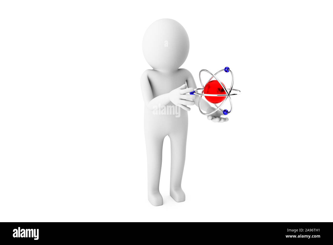3D uomo controllando un atomo su uno sfondo bianco. Alta qualità 3D rende di più pone da 3D uomo in carta bianca comune e nuova. Il rendering 3D. Foto Stock