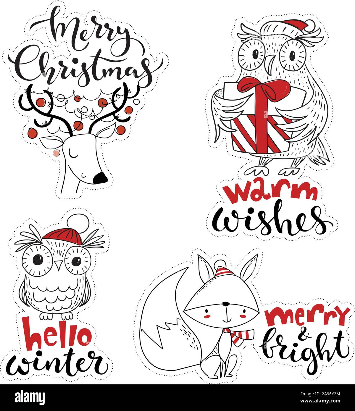 Vettore di stile scandinavo il Natale di adesivi con i personaggi dei cartoni animati. Illustrazione Vettoriale
