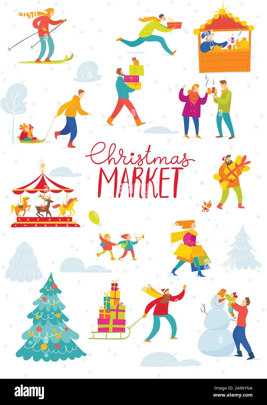 Vettore di Natale mercato invernale design per vacanza con lo shopping e le persone attive Illustrazione Vettoriale
