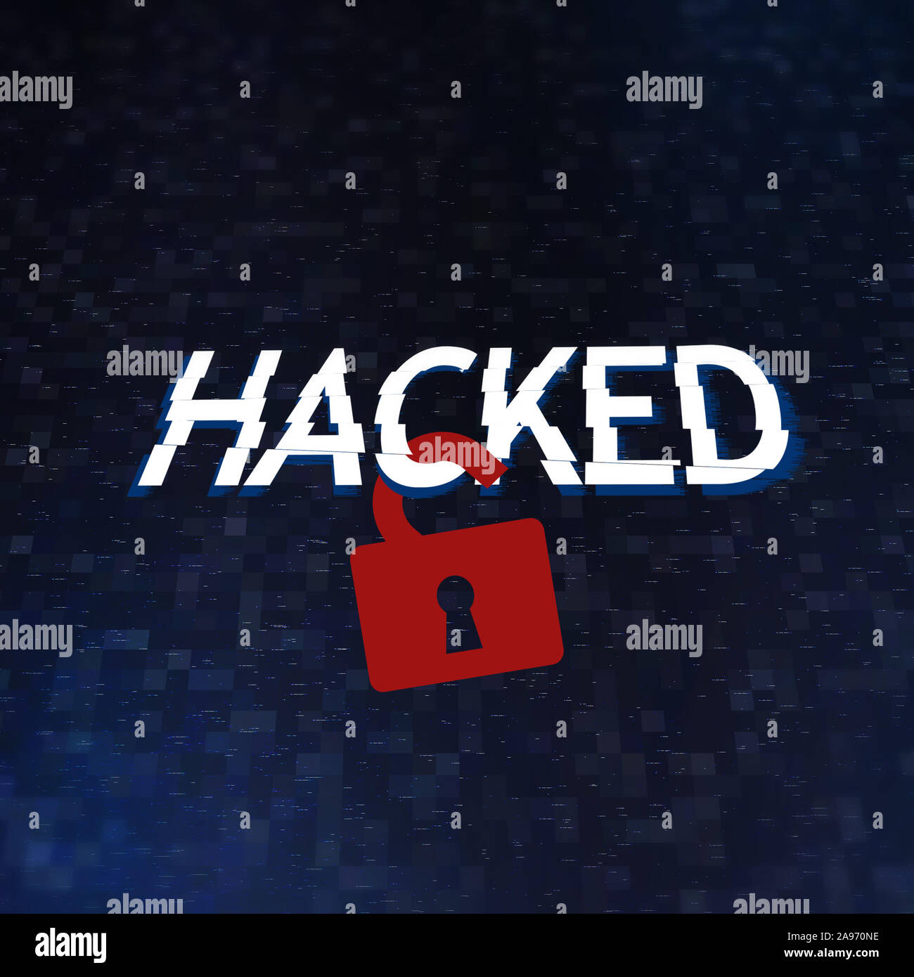 Dati personali il concetto di vulnerabilità. Rosso a forma di lucchetto aperto appeso su una parola hacked più scuro dello sfondo disturbato Foto Stock