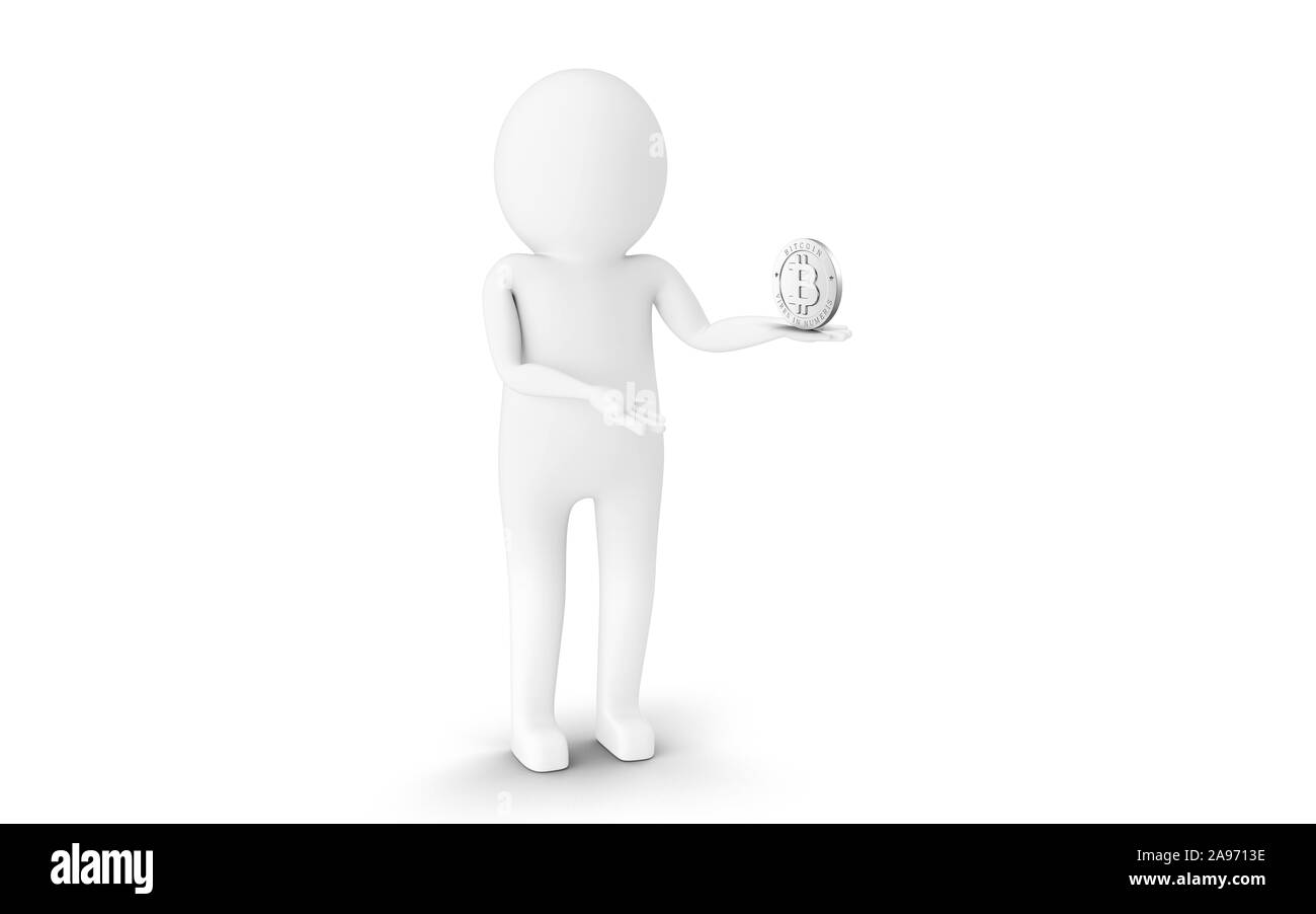 3D Uomo è azienda Bitcoin valuta moneta contro uno sfondo bianco. Il rendering 3D. Foto Stock