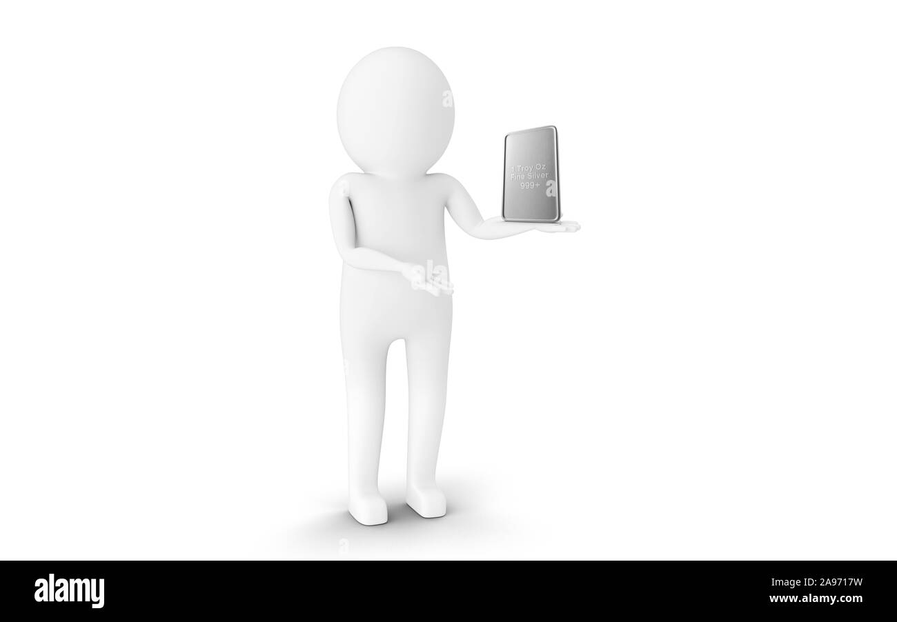 3D uomo è in possesso di un silver bar contro uno sfondo bianco. Il rendering 3D. Foto Stock