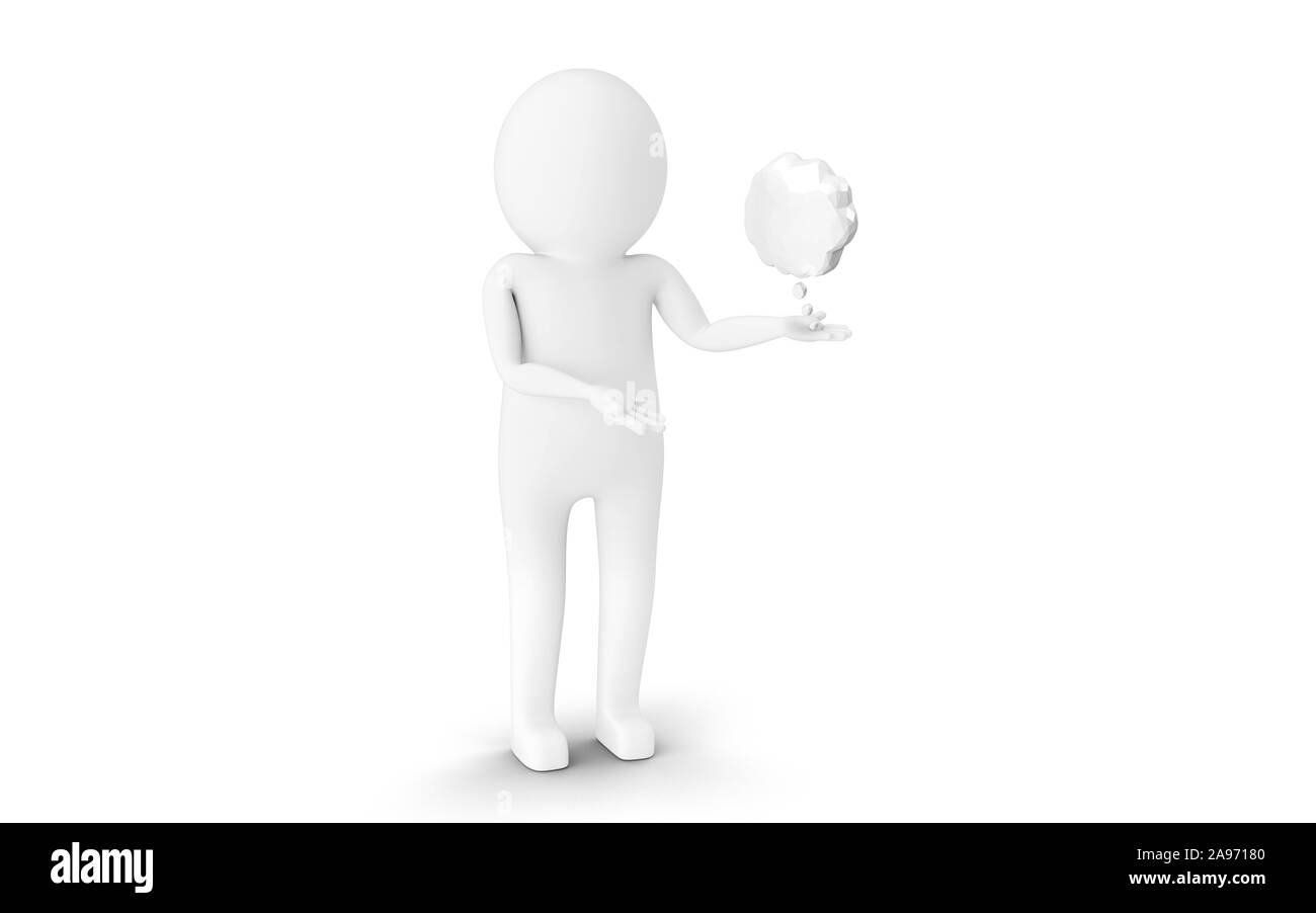 3D'uomo è in possesso di un vuoto di bolle di pensiero contro uno sfondo bianco. Il rendering 3D. Foto Stock