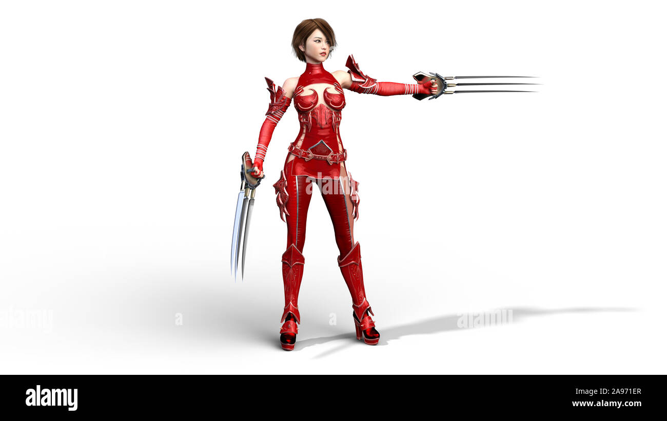 Il guerriero asiatico ragazza con lame ad artiglio esecuzione di arti marziali, combattente donna in battaglia armor holding falce arma, isolato su bianco, rendering 3D Foto Stock