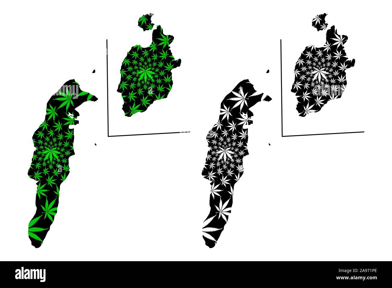 Arcipelago di San Andres e Providencia e Santa Catalina (Repubblica di Colombia) mappa è progettato Cannabis leaf verde e nero, San Andres y Providenc Illustrazione Vettoriale