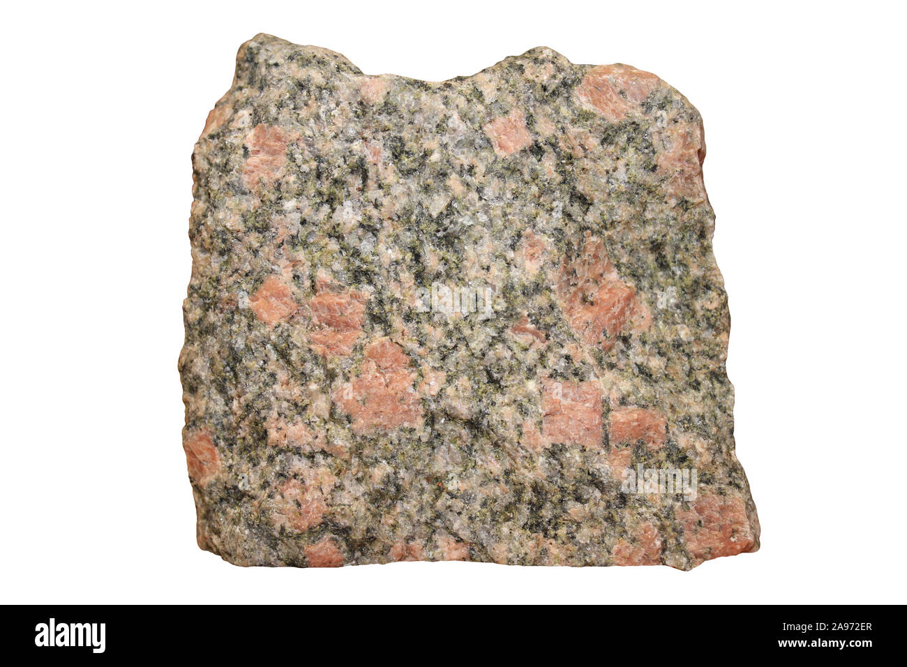 Campione di granito - con grandi phenocrysts di ortoclasio rosa feldspato e hornblende Foto Stock Campione di granito - con grandi phenocrysts di ortoclasio rosa feldspato e hornblende Foto Stock