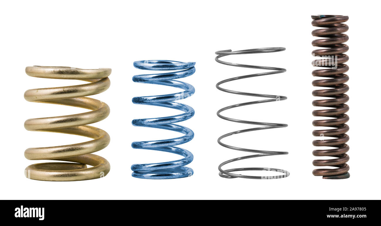 La compressione in acciaio molle a spirale con vari gradi di finitura superficiale isolato su sfondo bianco. Set di metallica molleggiante parti di macchina con spirale di avvolgimento del filo. Foto Stock