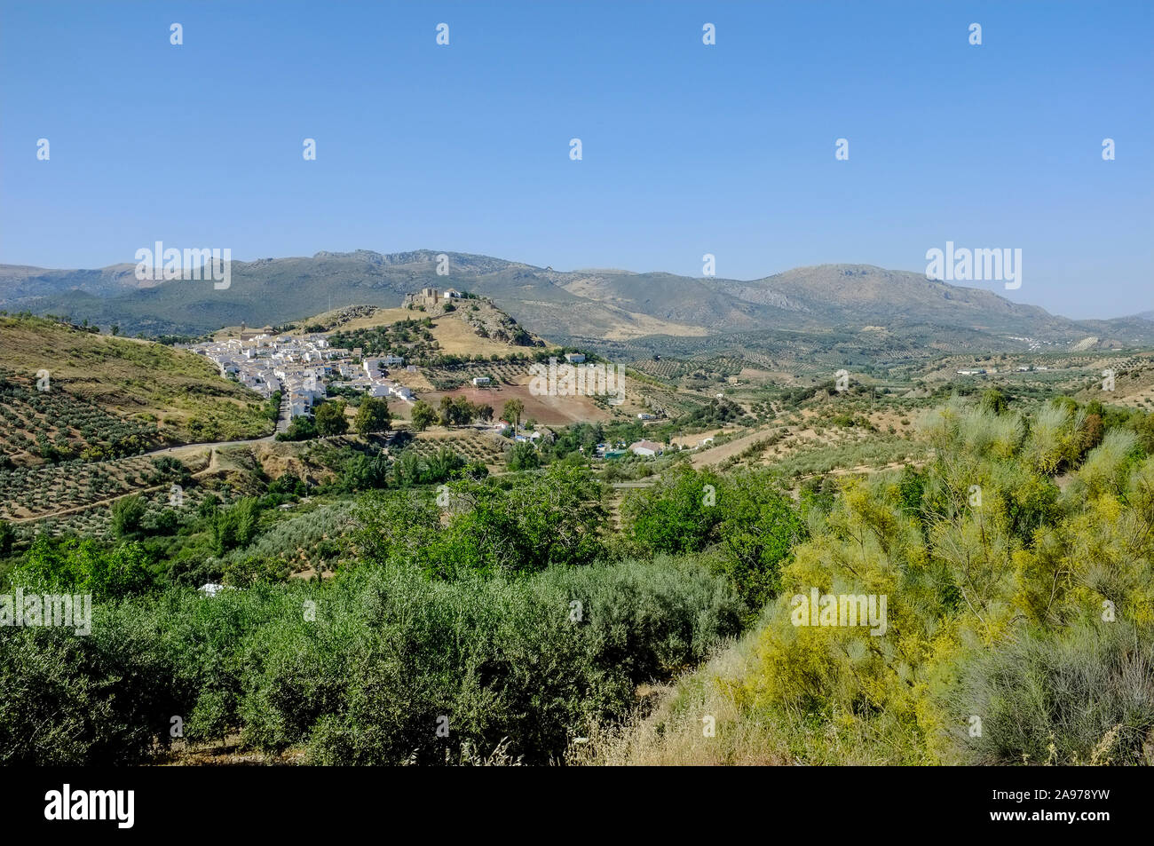 Vista di Carcabuey attraverso gli uliveti, il centro amministrativo della Sierra Subbetica parco naturale, in provincia di Cordoba, Andalusia. Spagna Foto Stock
