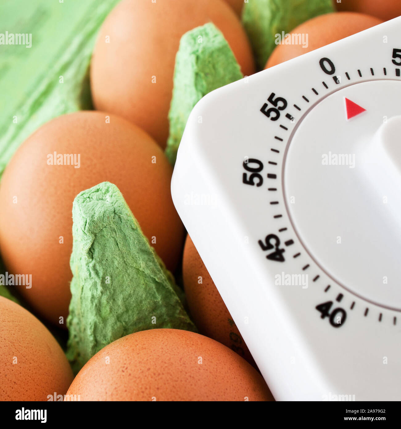 Timer di uovo e uova marrone in scatola per uova Foto Stock