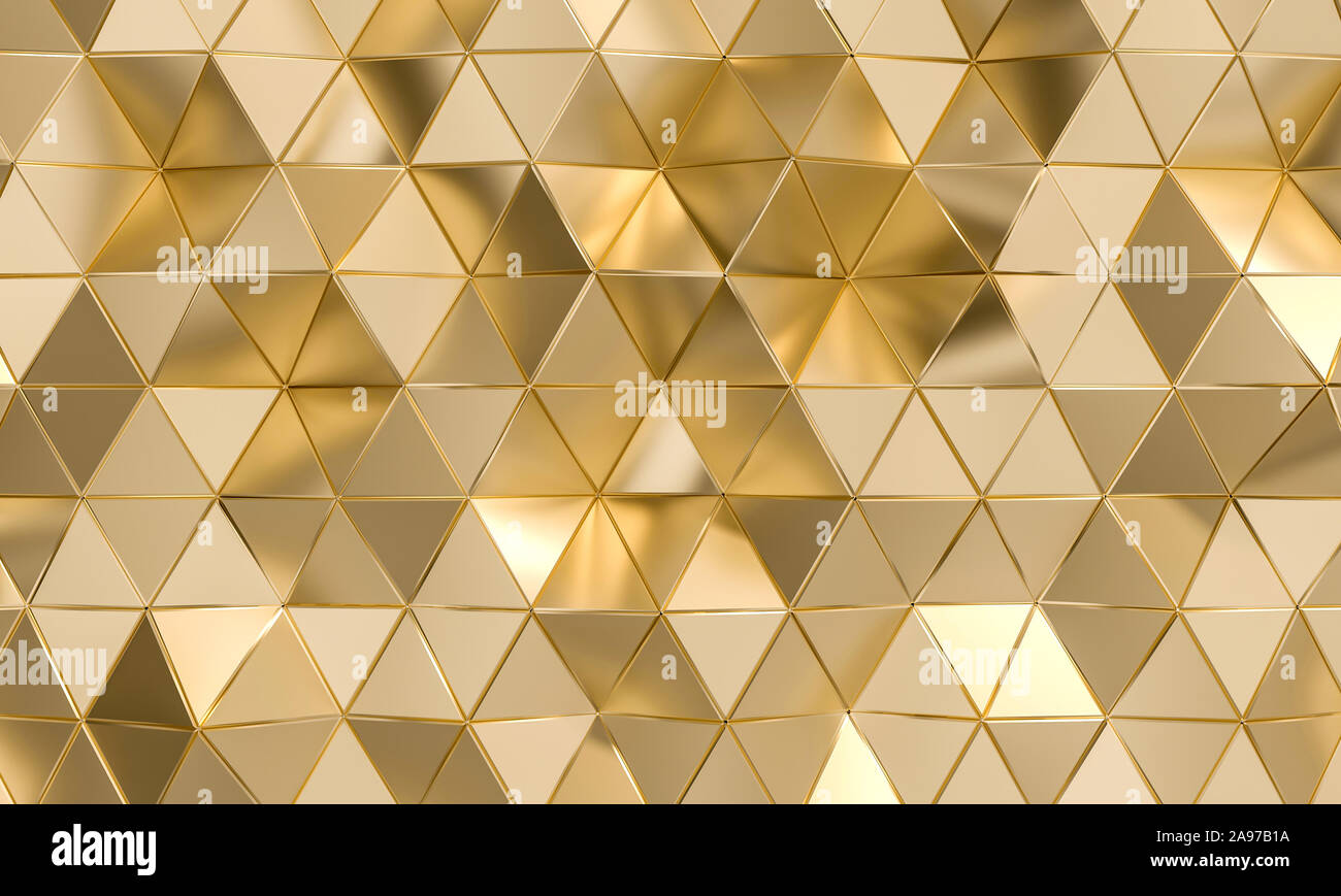 Sfondo poligonale con forme triangolari in oro. 3D render. Foto Stock