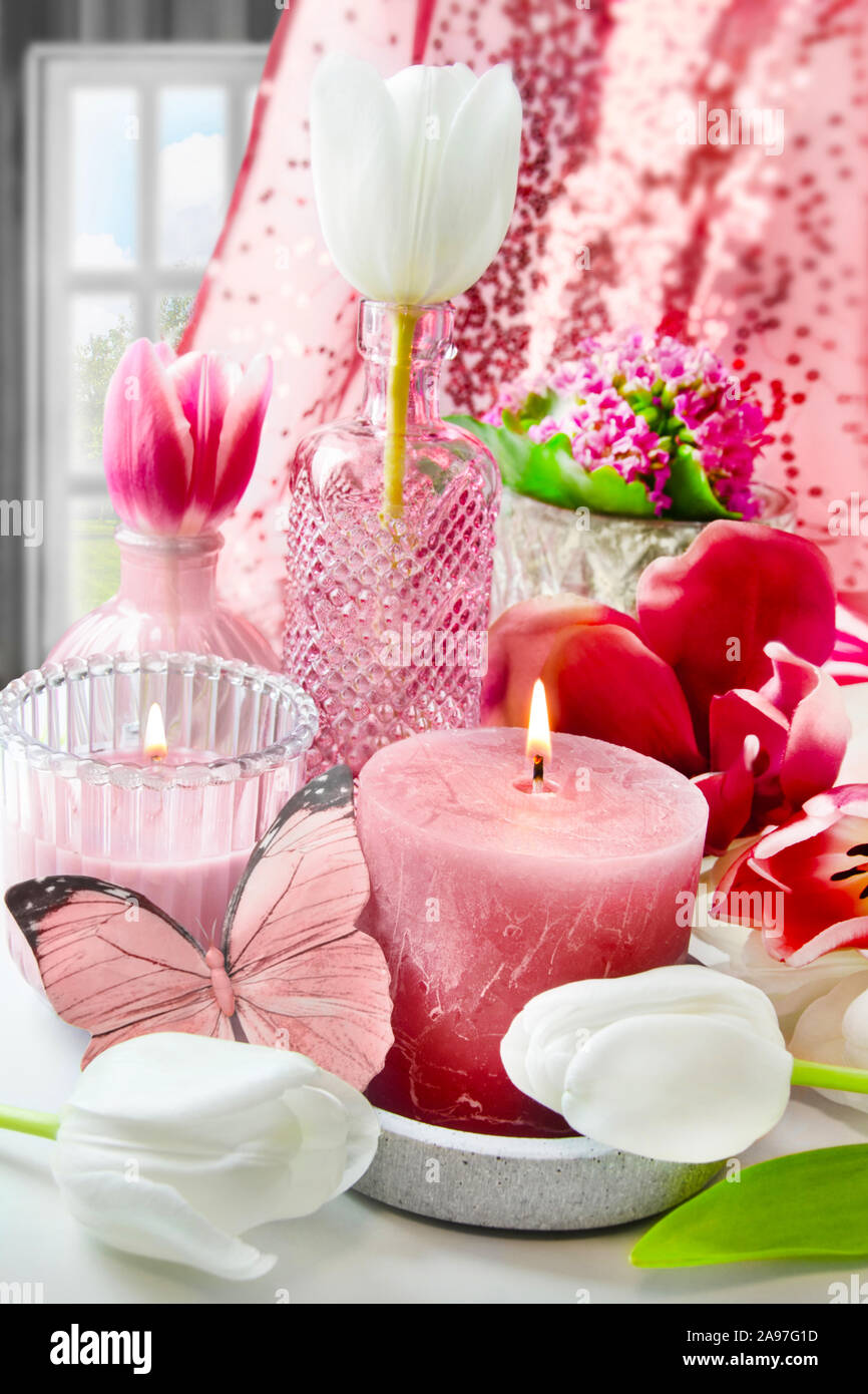 Lo Stile Casa candele e tulipani Foto Stock