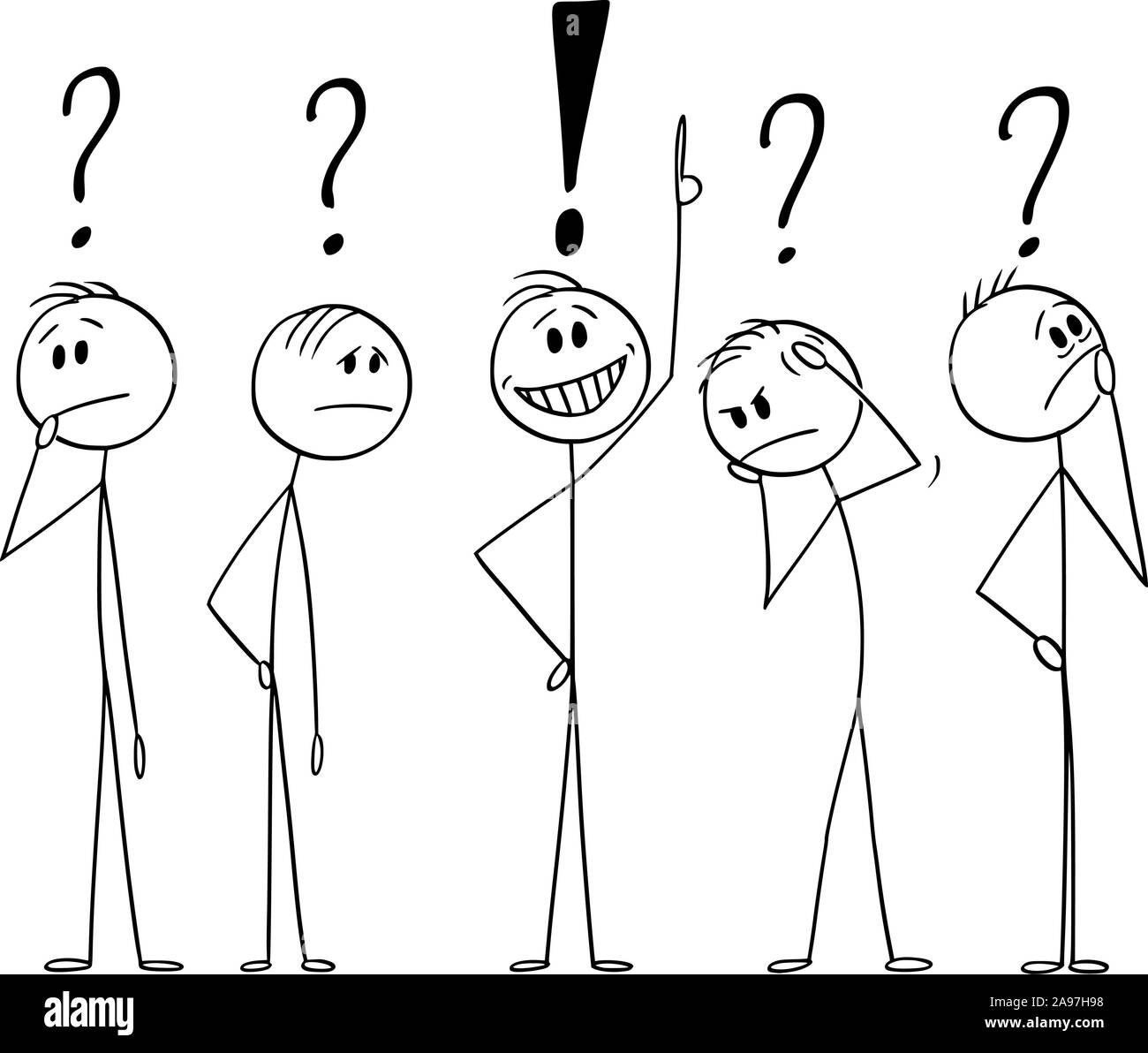 Vector cartoon stick figura disegno illustrazione concettuale di un gruppo di cinque uomini o imprenditori pensare insieme disco circa il problema. Soluzione trovata. Concetto di brainstorming. Illustrazione Vettoriale