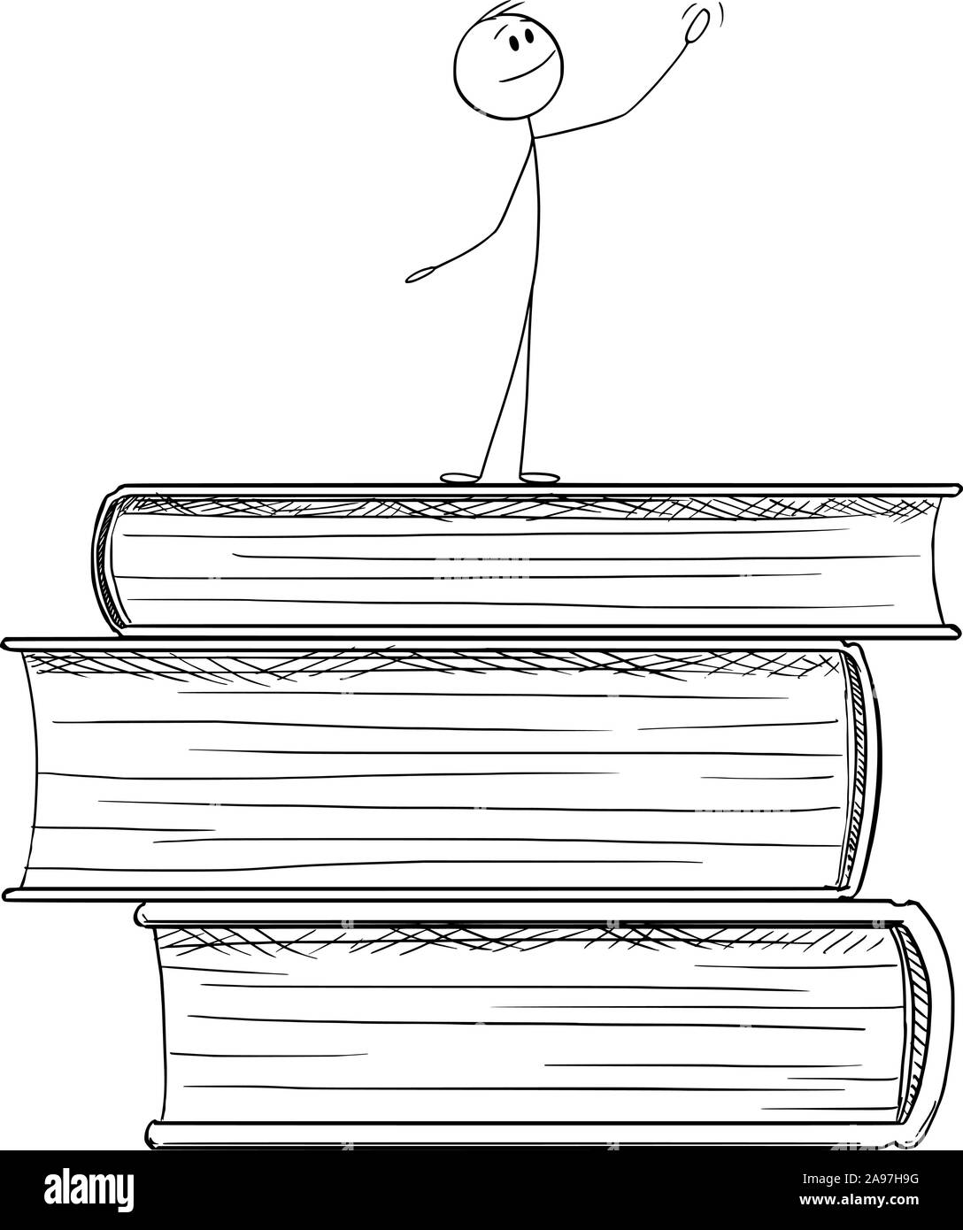 Vector cartoon stick figura disegno illustrazione concettuale dell'uomo in piedi sulla pila di grandi libri e lodando l educazione e la conoscenza. Illustrazione Vettoriale