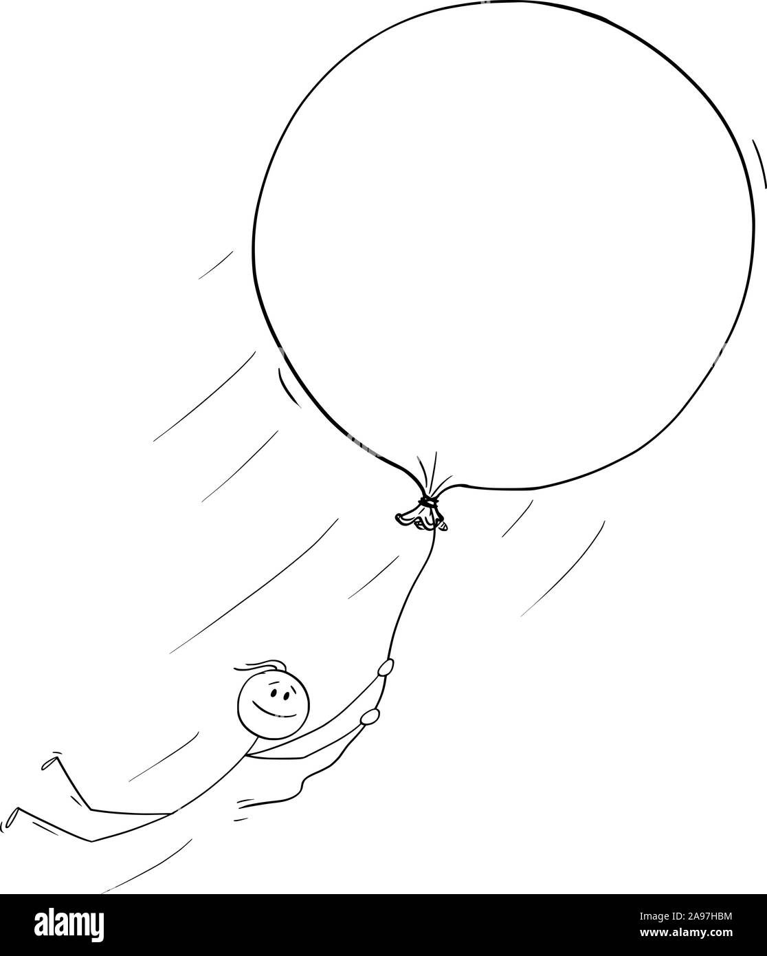 Vector cartoon stick figura disegno illustrazione concettuale dell'uomo o imprenditore tenendo il palloncino e il volo libero. Concetto di sogni,la creatività e la libertà. Illustrazione Vettoriale