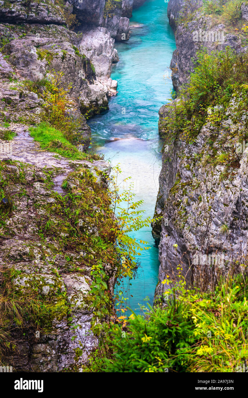 Soca Gorge nel Parco Nazionale del Triglav, Slovenia, l'Europa. Foto Stock