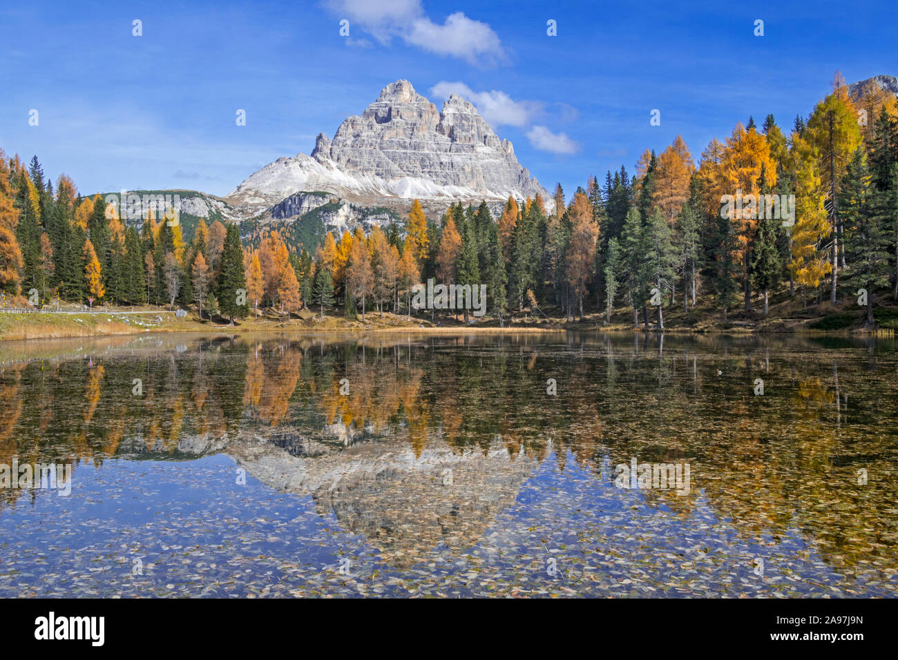 Mountain Drei Zinnen e larici riflessa nell'acqua del Lago d'Antorno in Tre Cime del parco naturale in autunno, Dolomiti, Alto Adige, Italia Foto Stock