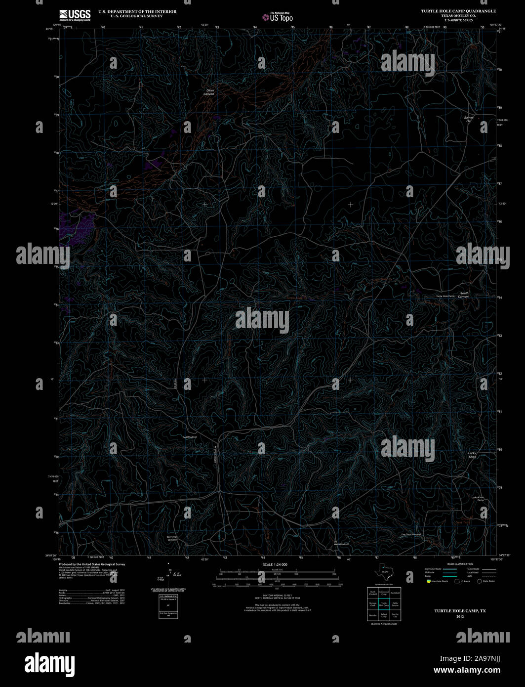 USGS TOPO Map Texas TX Turtle foro 20121030 Camp TM invertiti Foto Stock