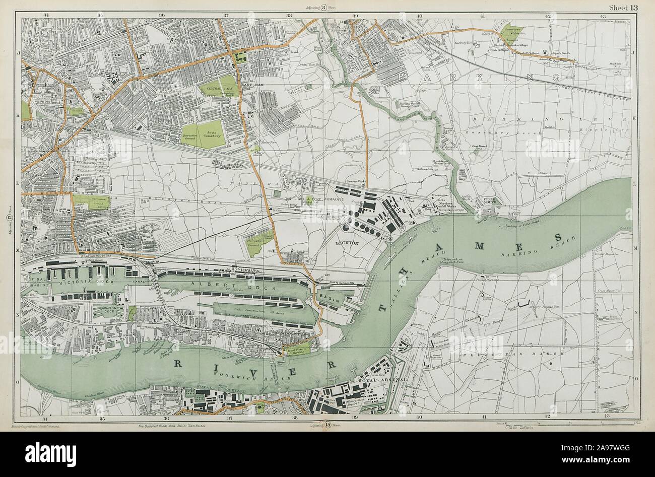 Ovest/Est prosciutto & BARKING Plaistow Woolwich Thamesmead Beckton. BACON 1920 mappa Foto Stock