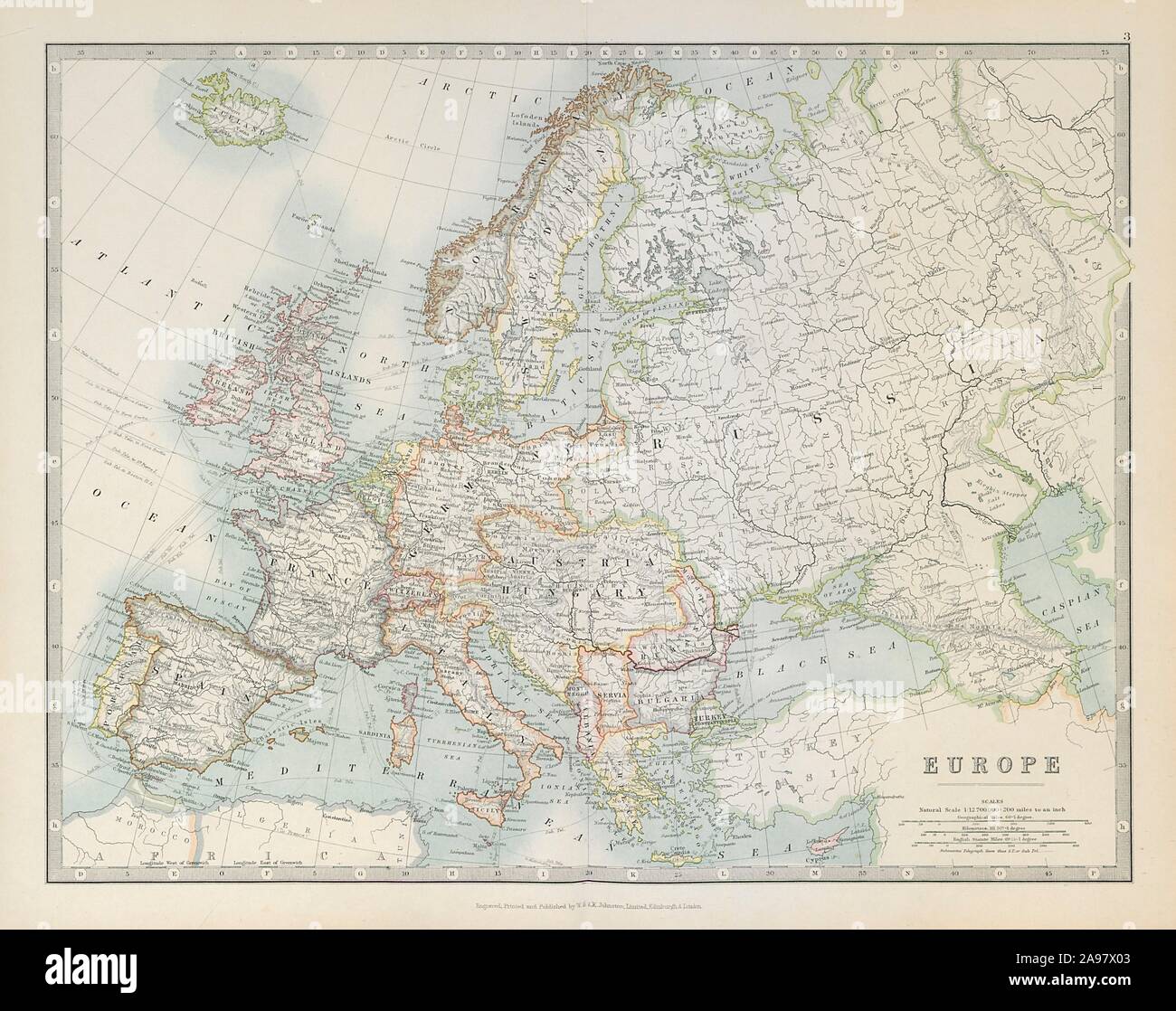 Europa mostrato prima della Prima Guerra Mondiale. JOHNSTON 1915 antica mappa grafico Foto Stock