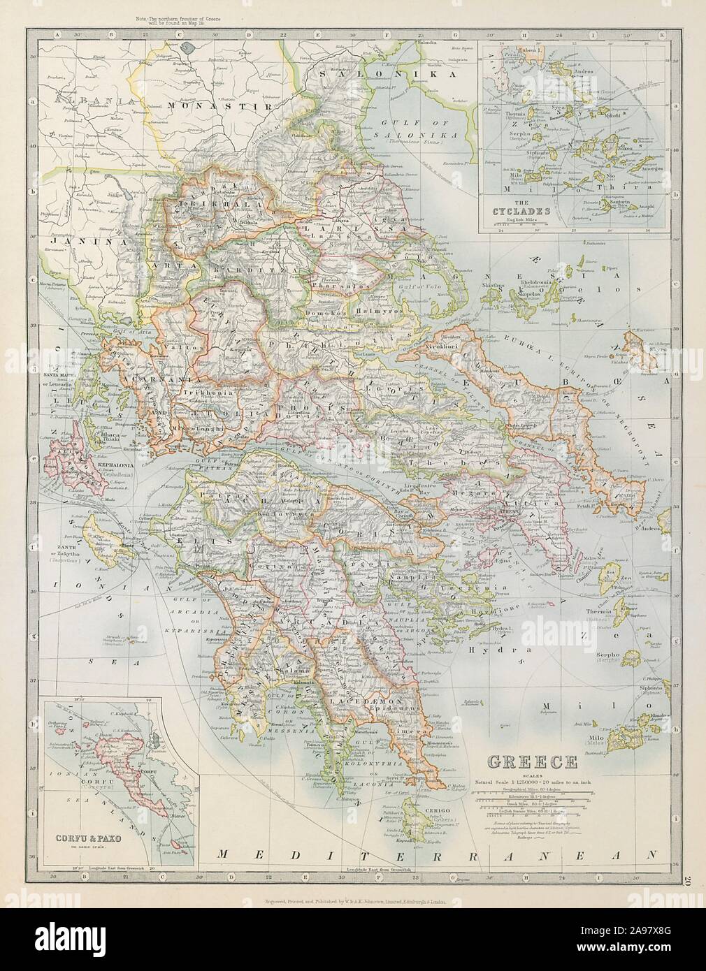 La Grecia. Inset Corfù Paxo Cicladi. Le ferrovie. JOHNSTON 1915 antica mappa Foto Stock