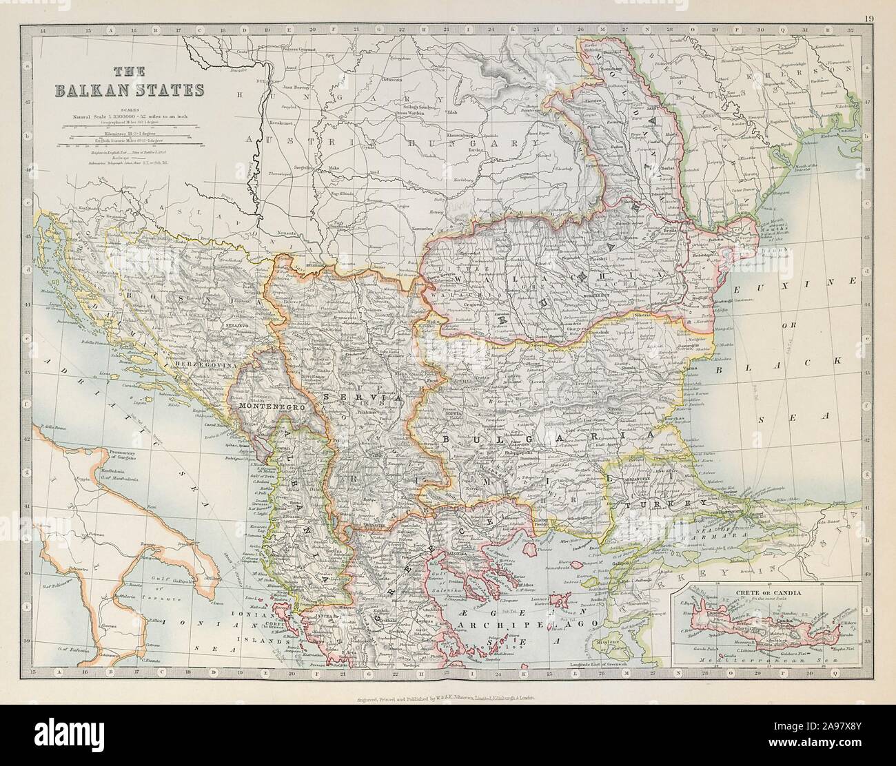 Gli Stati balcanici. Principali campi di battaglia e date. La Bulgaria Valacchia. JOHNSTON 1915 mappa Foto Stock