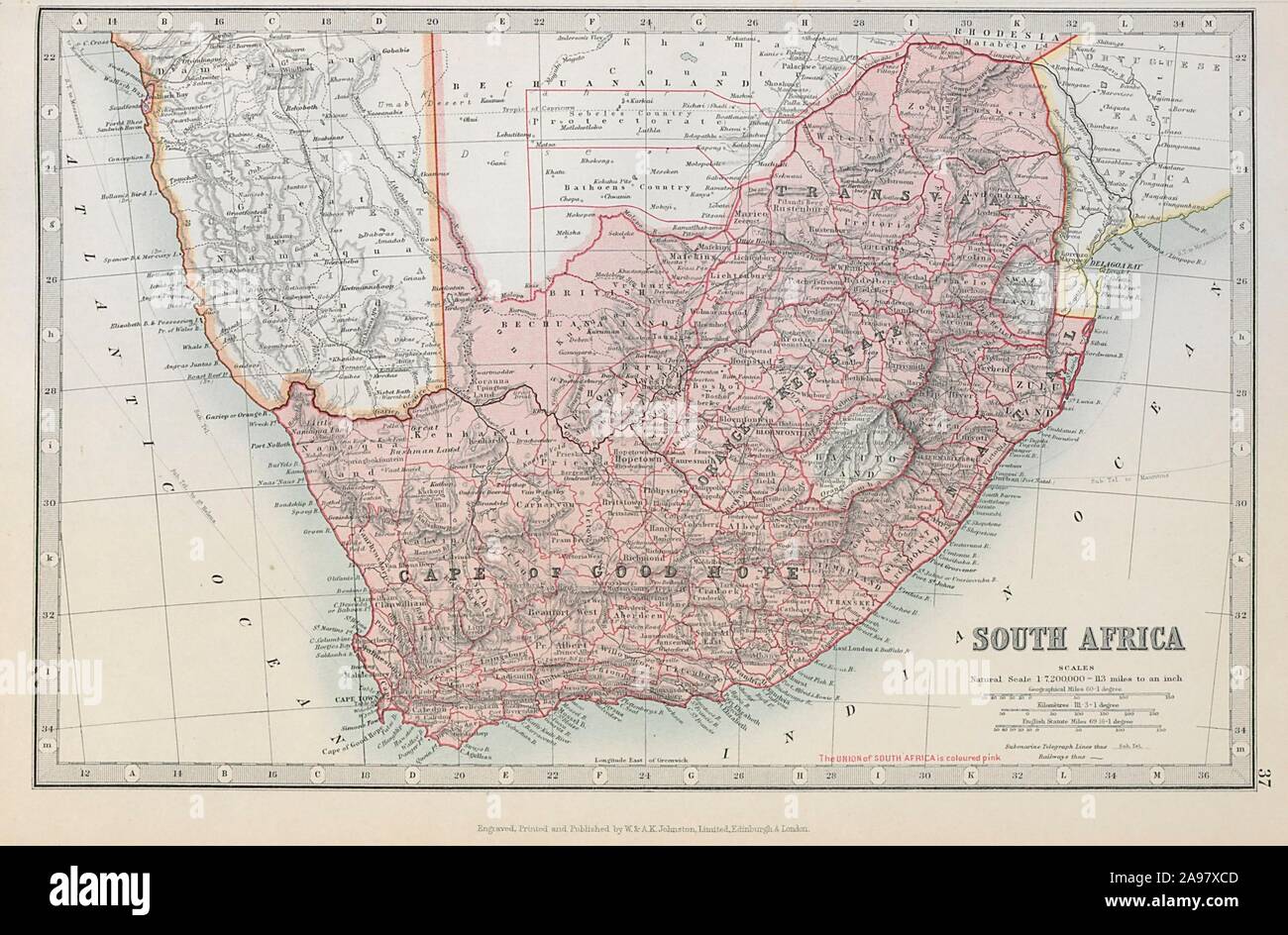 Sud Africa. Capo di Buona Speranza Transvaal Orange Free State. JOHNSTON 1915 mappa Foto Stock