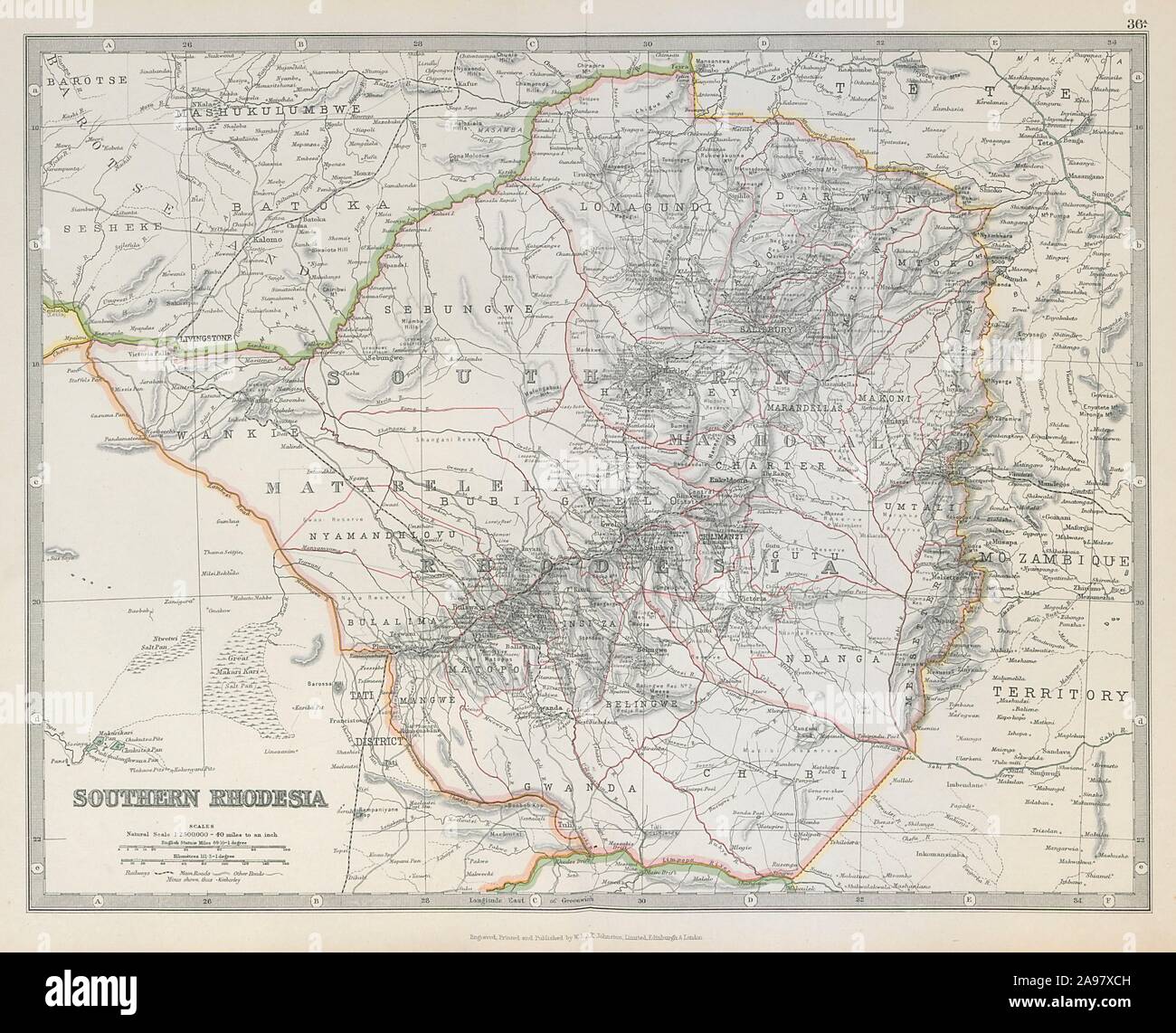La Rodesia del Sud (l attuale Zimbabwe). Salisbury/Harare. Le ferrovie. JOHNSTON 1915 mappa Foto Stock