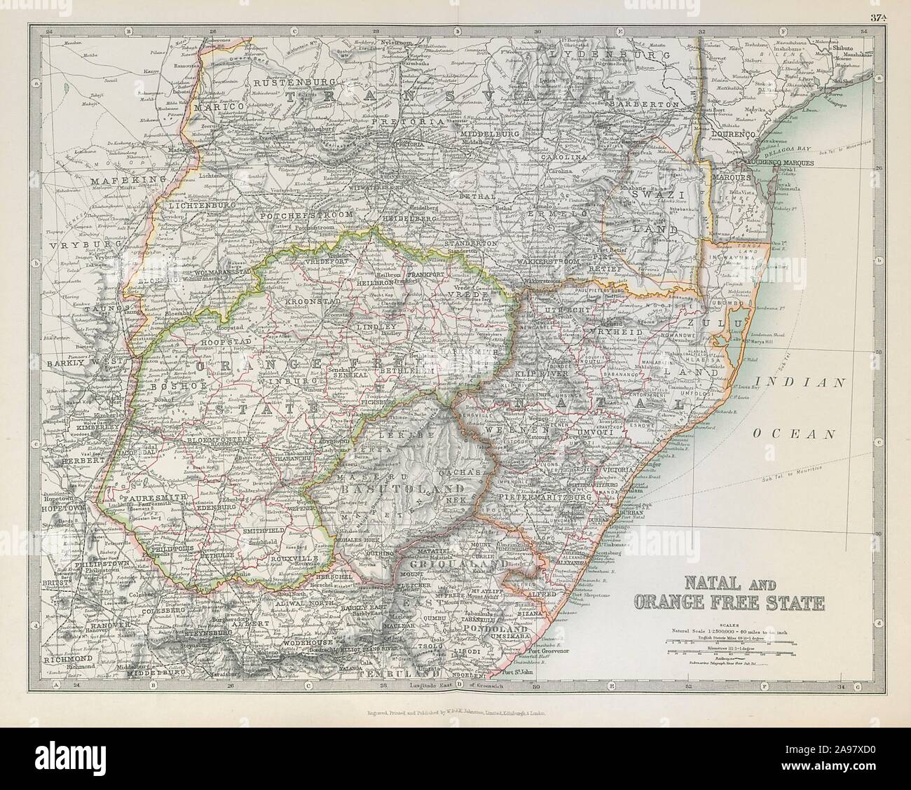 NATAL & Orange Free State. Sud Africa. Transvaal. Le ferrovie. JOHNSTON 1915 mappa Foto Stock