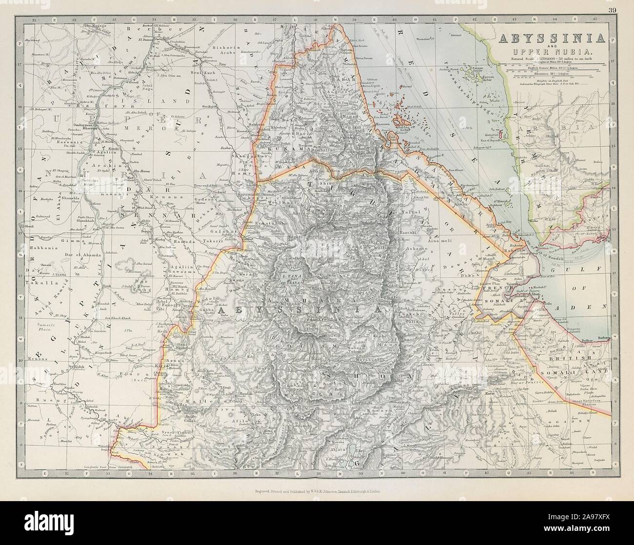 Abissinia & Nubia Superiore. Etiopia Eritrea Somalia francese. JOHNSTON 1915 mappa Foto Stock