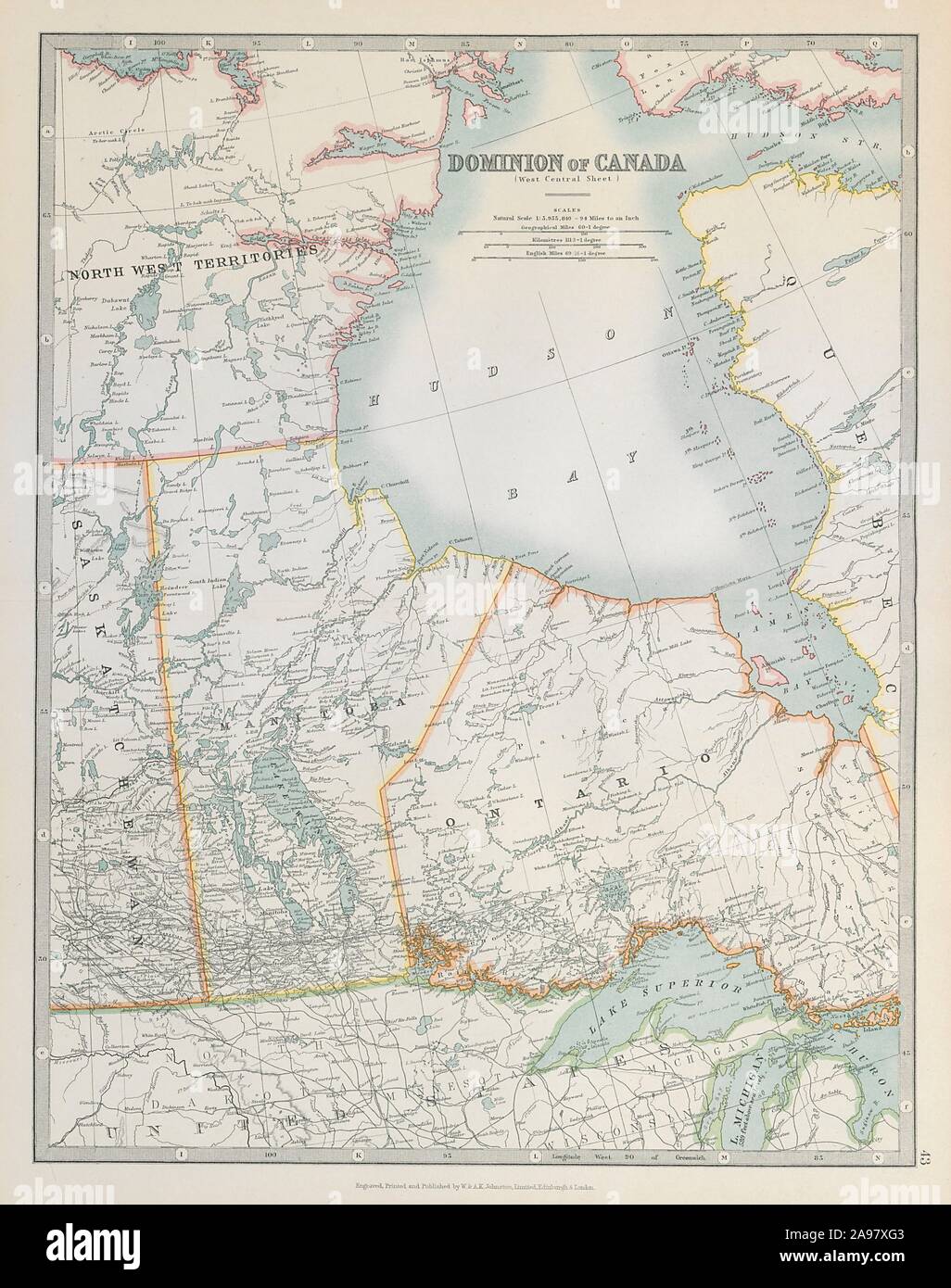 Baia di Hudson & Canada centrale. Manitoba. Ontario del nord. JOHNSTON 1915 mappa vecchia Foto Stock