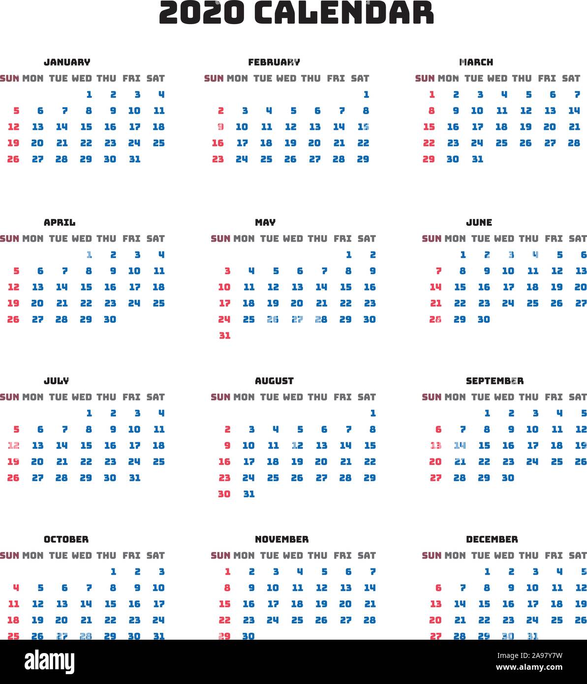 Design semplicemente Escursioni Calendario di 2020 anno modello. Settimana comincia la domenica. Tipo di base, griglia originale, illustrazione vettoriale con splendido oro geometrica Illustrazione Vettoriale