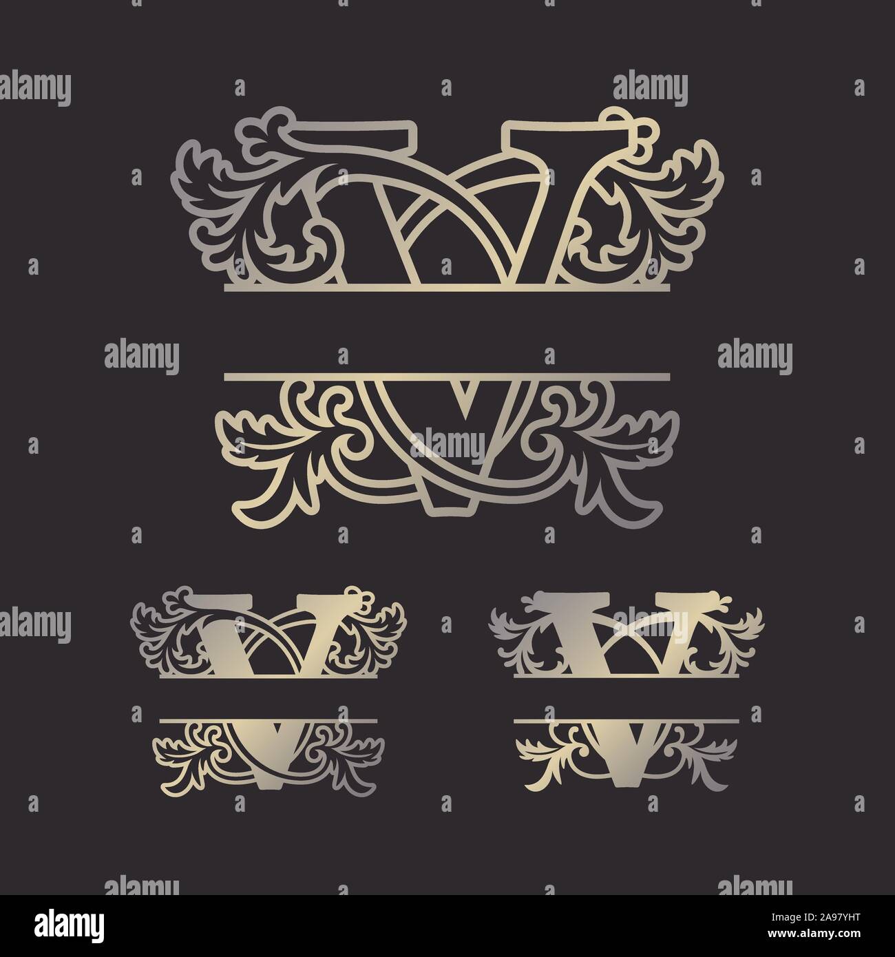 Alfabeto Split monogrammi, Split lettera monogramma, telaio alfabeto Font. Taglio laser modello. Monogramma iniziale lettere. Illustrazione Vettoriale