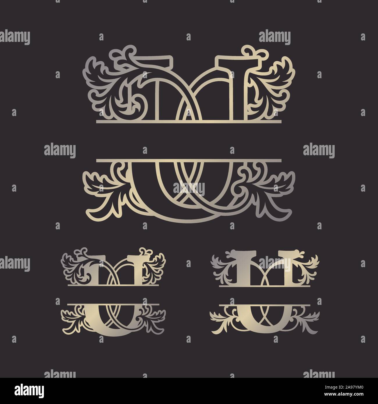 Alfabeto Split monogrammi, Split lettera monogramma, telaio alfabeto Font. Taglio laser modello. Monogramma iniziale lettere. Illustrazione Vettoriale