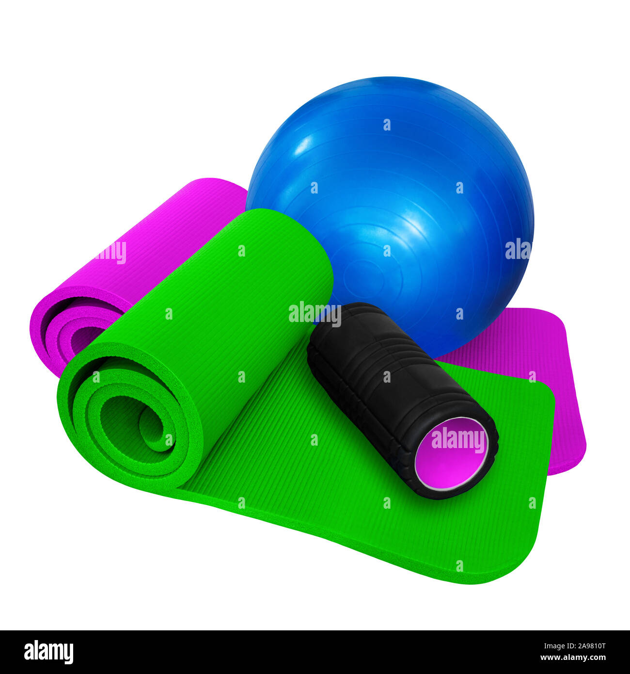 Palla fitness con tappetini e rotolo nero Foto Stock