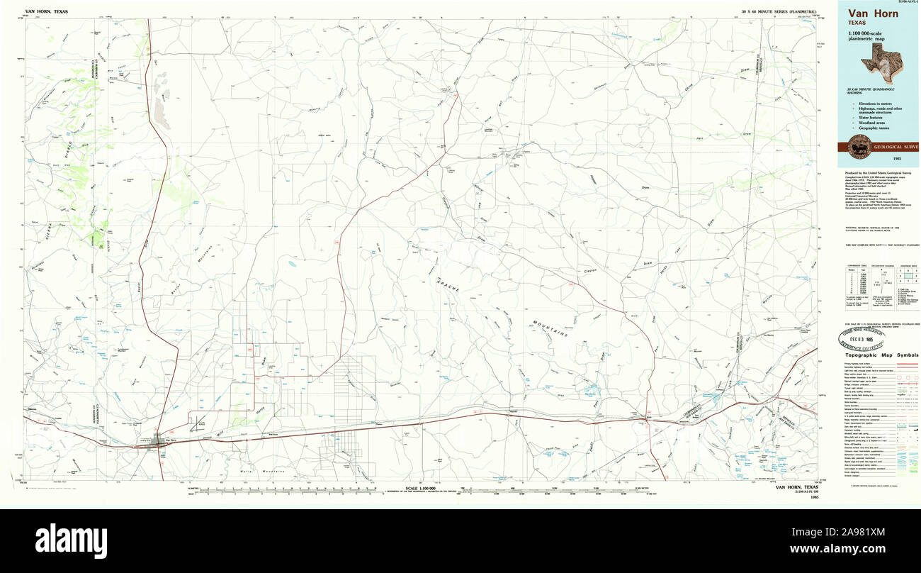 USGS TOPO Map Texas TX Van Horn 123556 1985 100000 Foto Stock