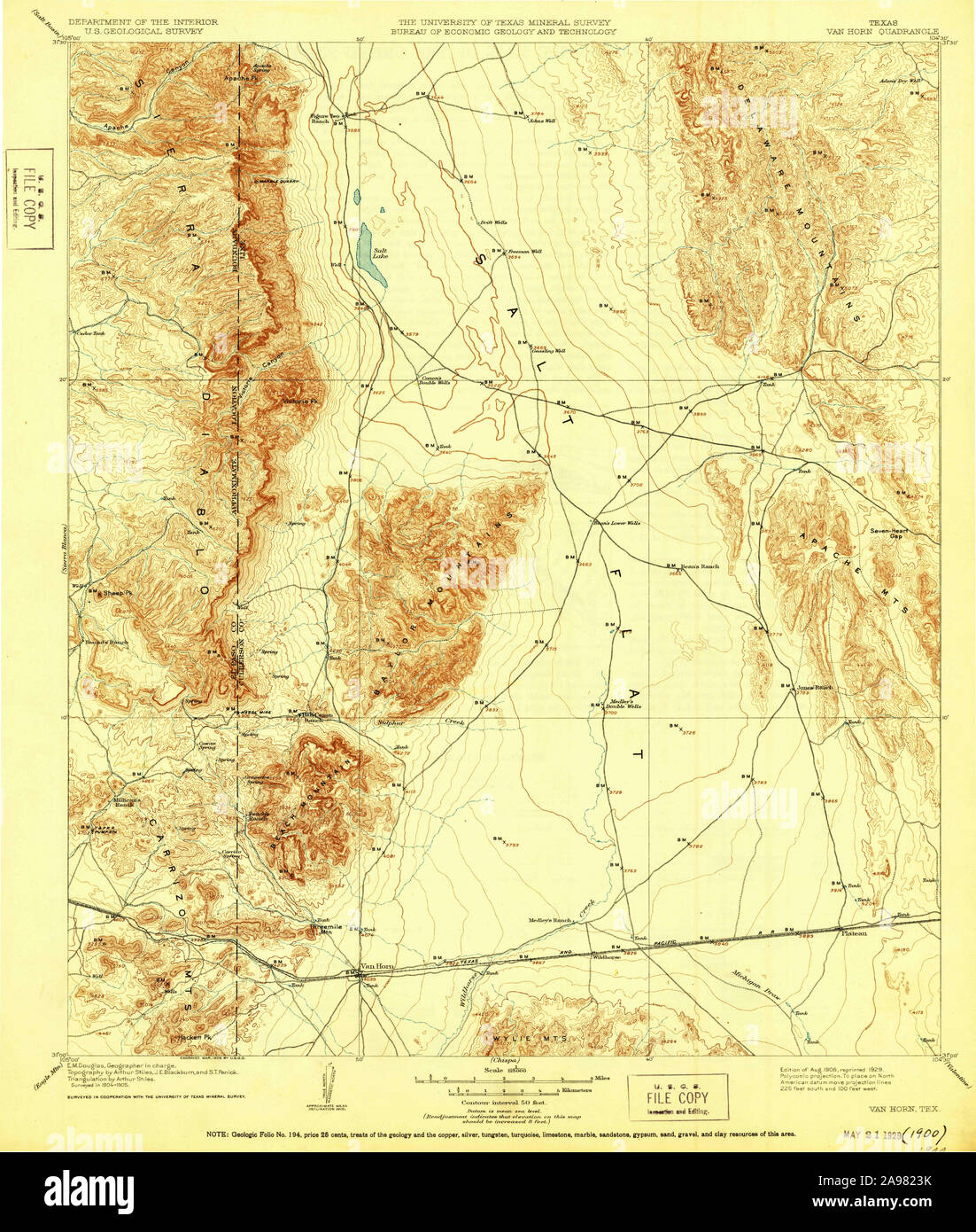 USGS TOPO Map Texas TX Van Horn 137559 1906 125000 Foto Stock