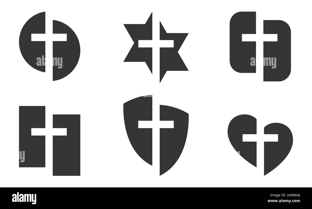 Set di nero simboli cristiani isolati. Illustrazione Vettoriale. Forme diverse di icone con una Croce Cristiana simbolo. Logo per la Chiesa Illustrazione Vettoriale